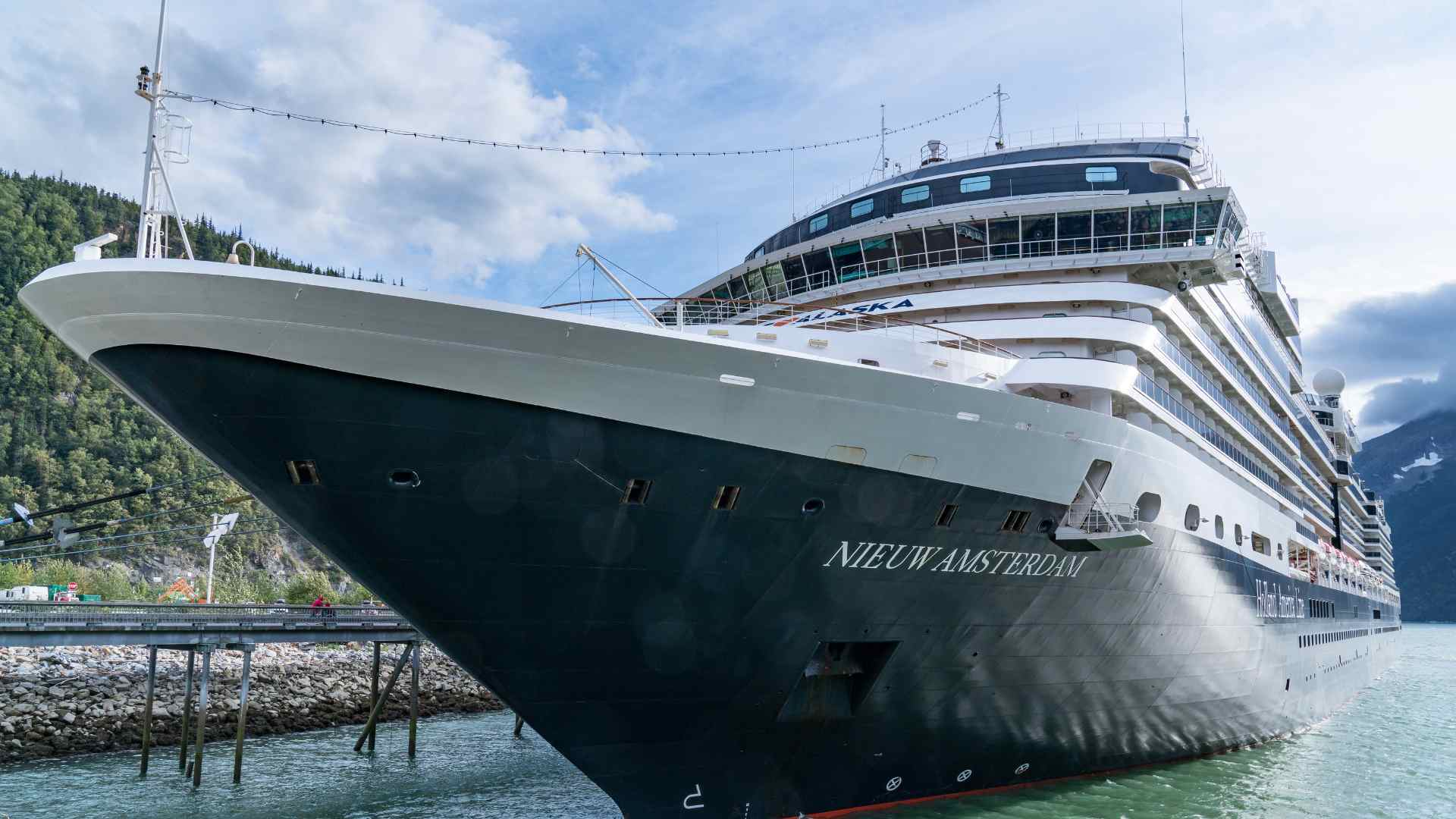 Holland America cruise ship bow docked near Amsterdam