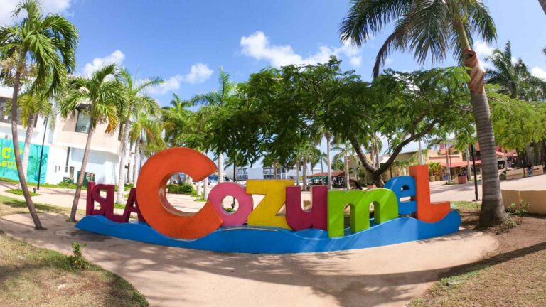 Colorful Cozumel letter sign in a palm-filled park