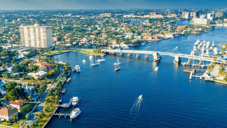 Aerial view of Fort Lauderdale waterways, bridges, marinas, and waterfront homes