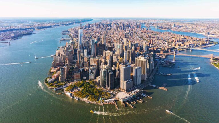 Aerial view of Lower Manhattan surrounded by the Hudson and East Rivers