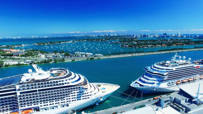 Aerial view of two cruise ships docked at Port Canaveral