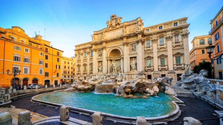 Trevi Fountain and surrounding historic buildings in Rome