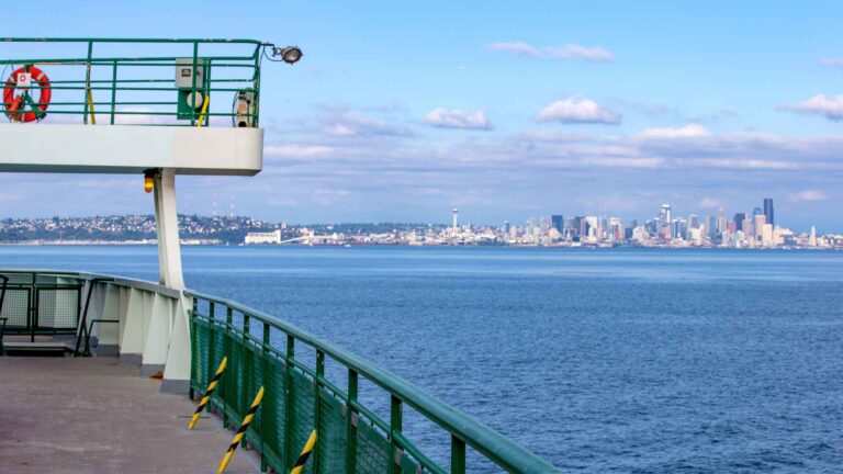 View from a ship deck across Elliott Bay toward the Seattle skyline