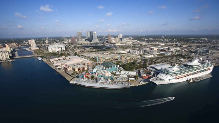 Aerial view of Port Tampa Bay with cruise ships docked at the terminals