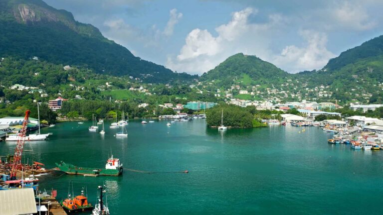 Victoria and the Mahé coastline near Port Victoria in Seychelles