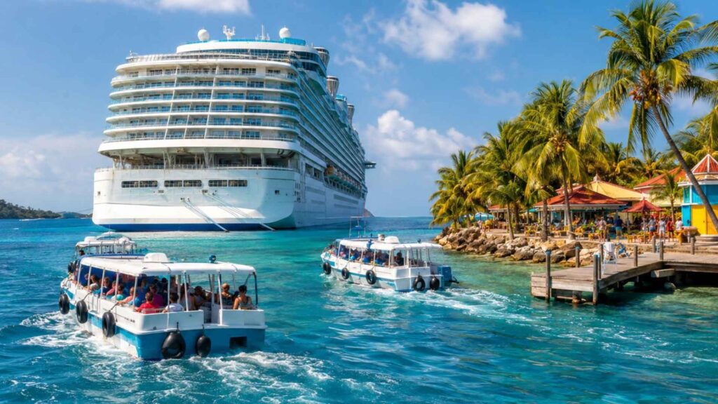 Tender boats carrying cruise passengers from a large ship to a tropical island pier