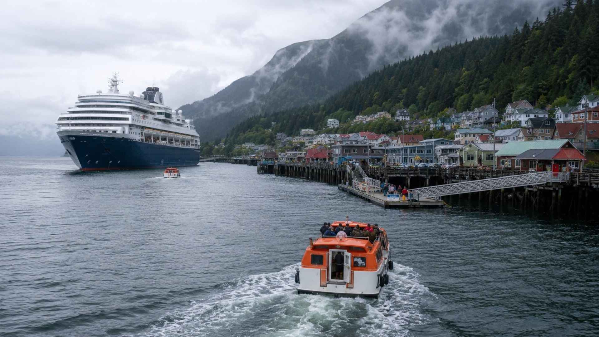 Cruise tender boat heading toward a small Alaskan waterfront beneath misty mountains