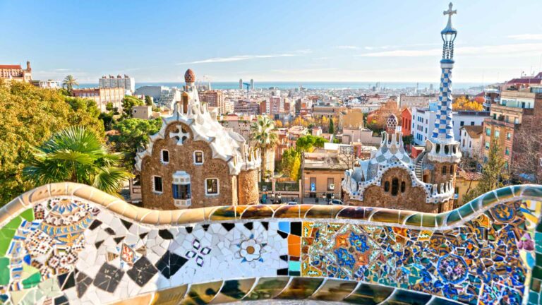 Mosaic terrace at Park Guell overlooking Barcelona