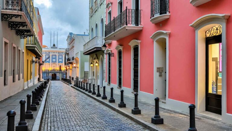 Colorful cobblestone street and historic buildings in Old San Juan