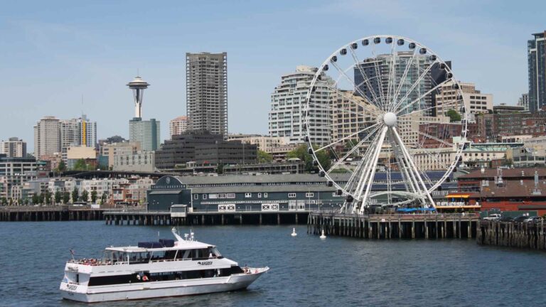 Seattle waterfront with the Great Wheel, ferry, and downtown skyline