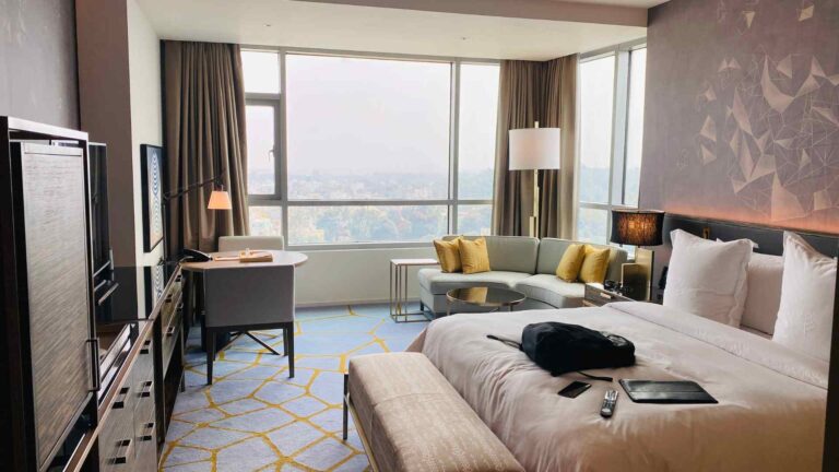 Modern Southampton hotel room with a city view
