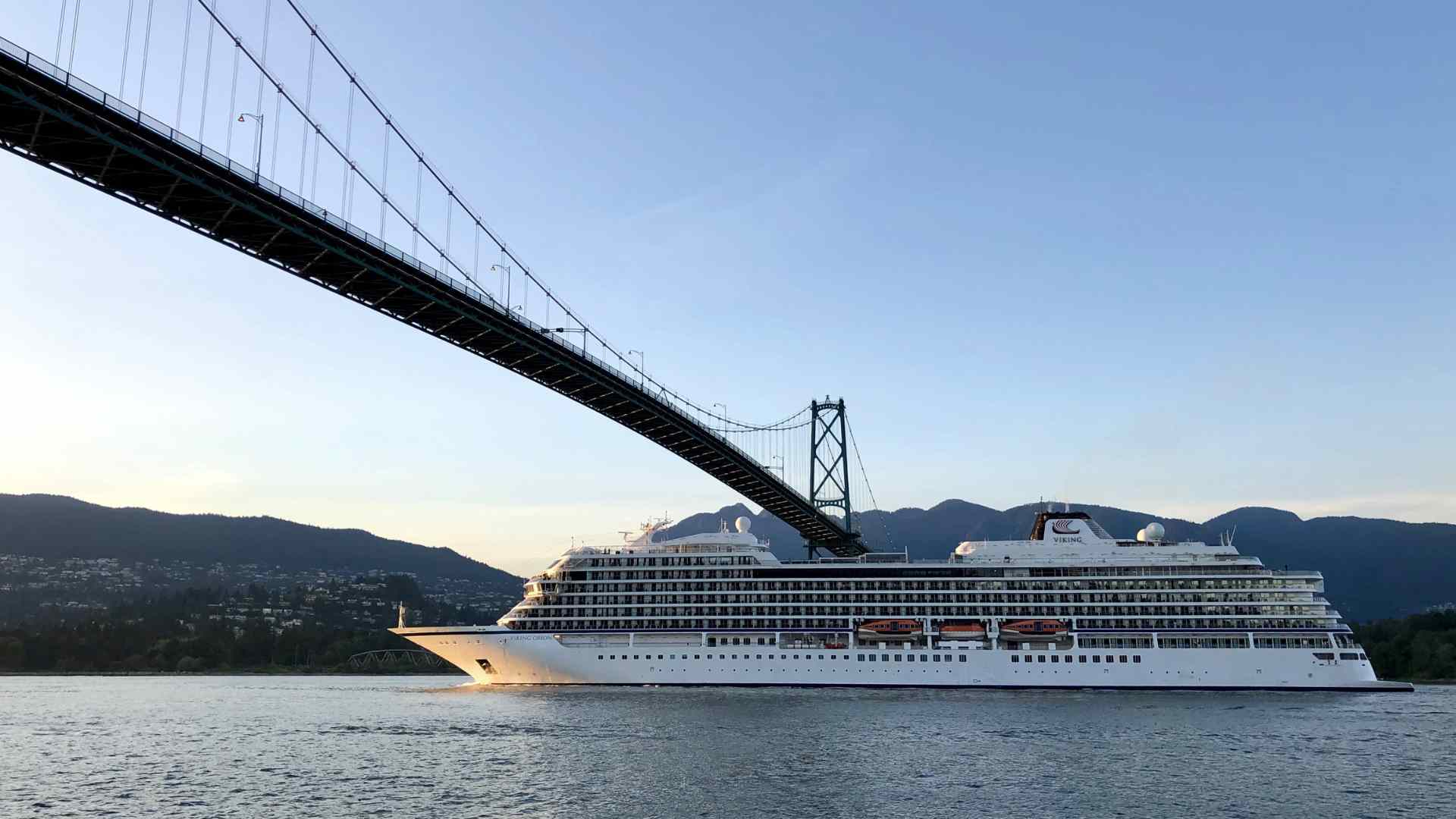 Cruise ship passing beneath Vancouver's Lions Gate Bridge
