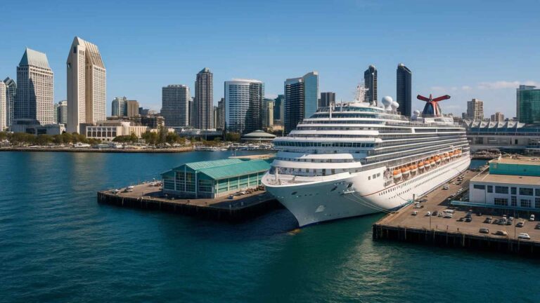 Cruise ship at the San Diego terminal with the downtown skyline behind it