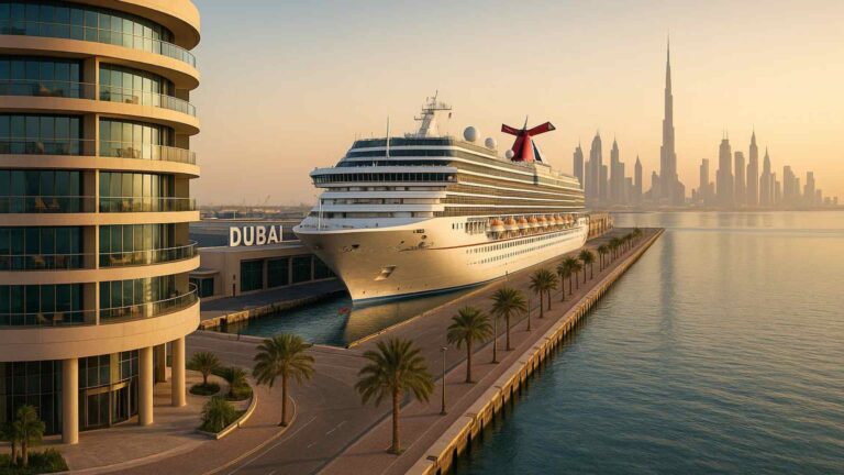 Cruise ship docked in Dubai with the Burj Khalifa and skyline in the distance