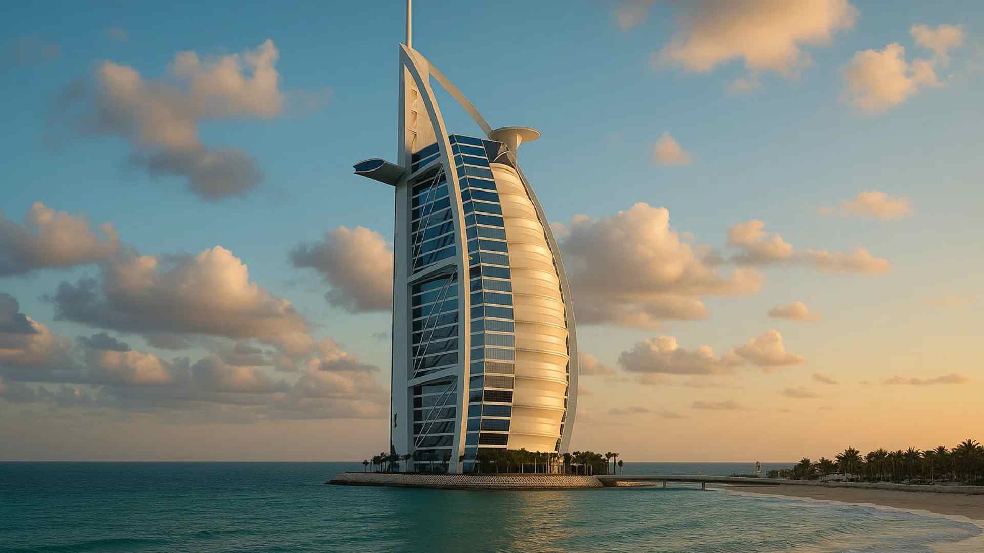Burj Al Arab beside the sea under a blue and gold Dubai sky
