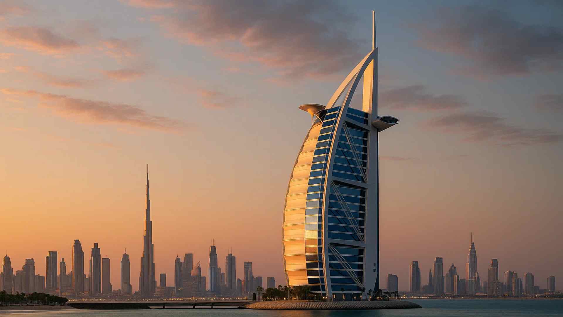 Burj Al Arab and the Dubai skyline reflected in calm water at sunset