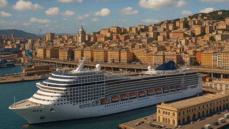 Cruise ship at Genoa port with the hillside city rising behind it