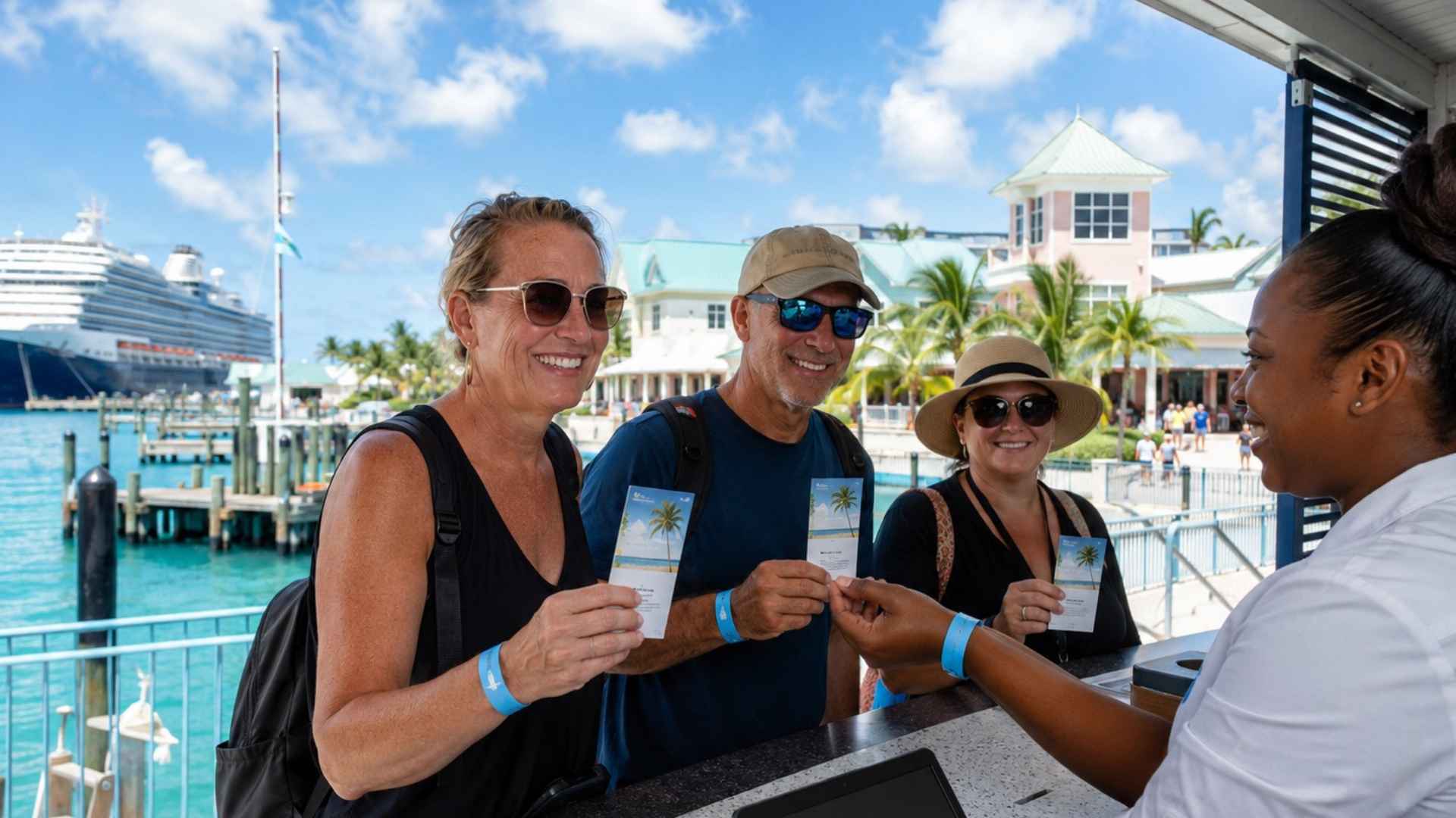 Cruise passengers holding day pass tickets at a tropical resort check-in counter with a cruise ship docked nearby.