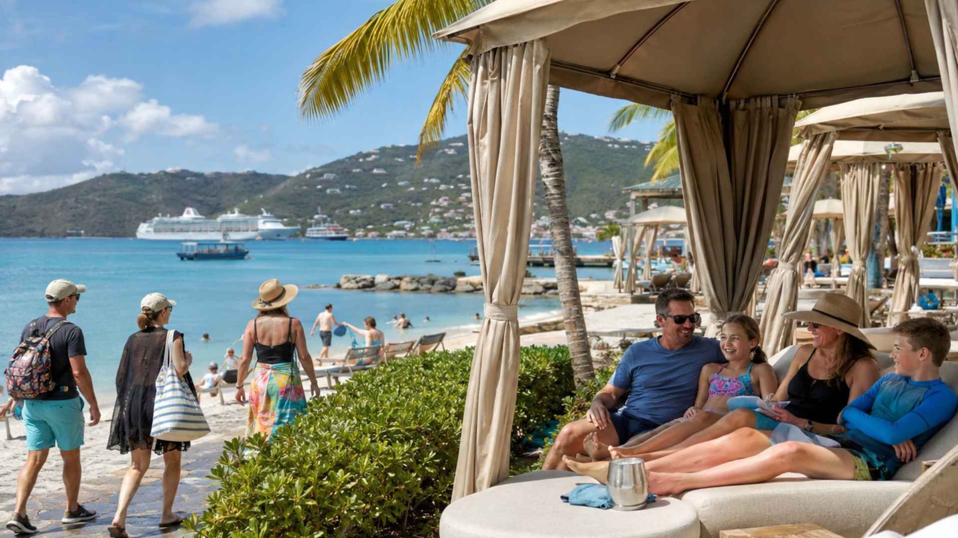 Family relaxing in a beachside resort cabana near a cruise port while other guests walk along the shore and lounge by the water.
