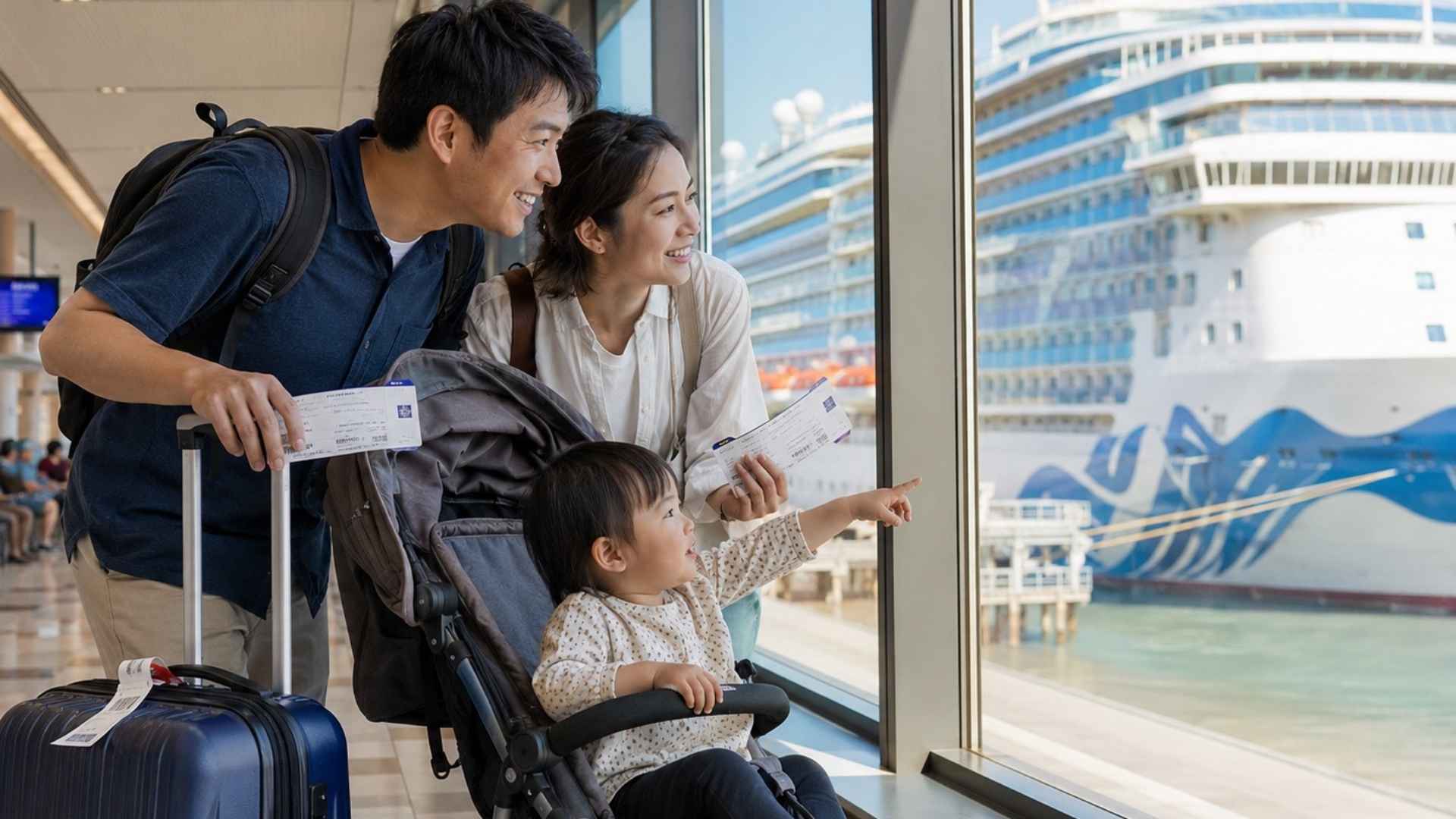 A couple looking out a window with their toddler in a stroller at a cruise ship