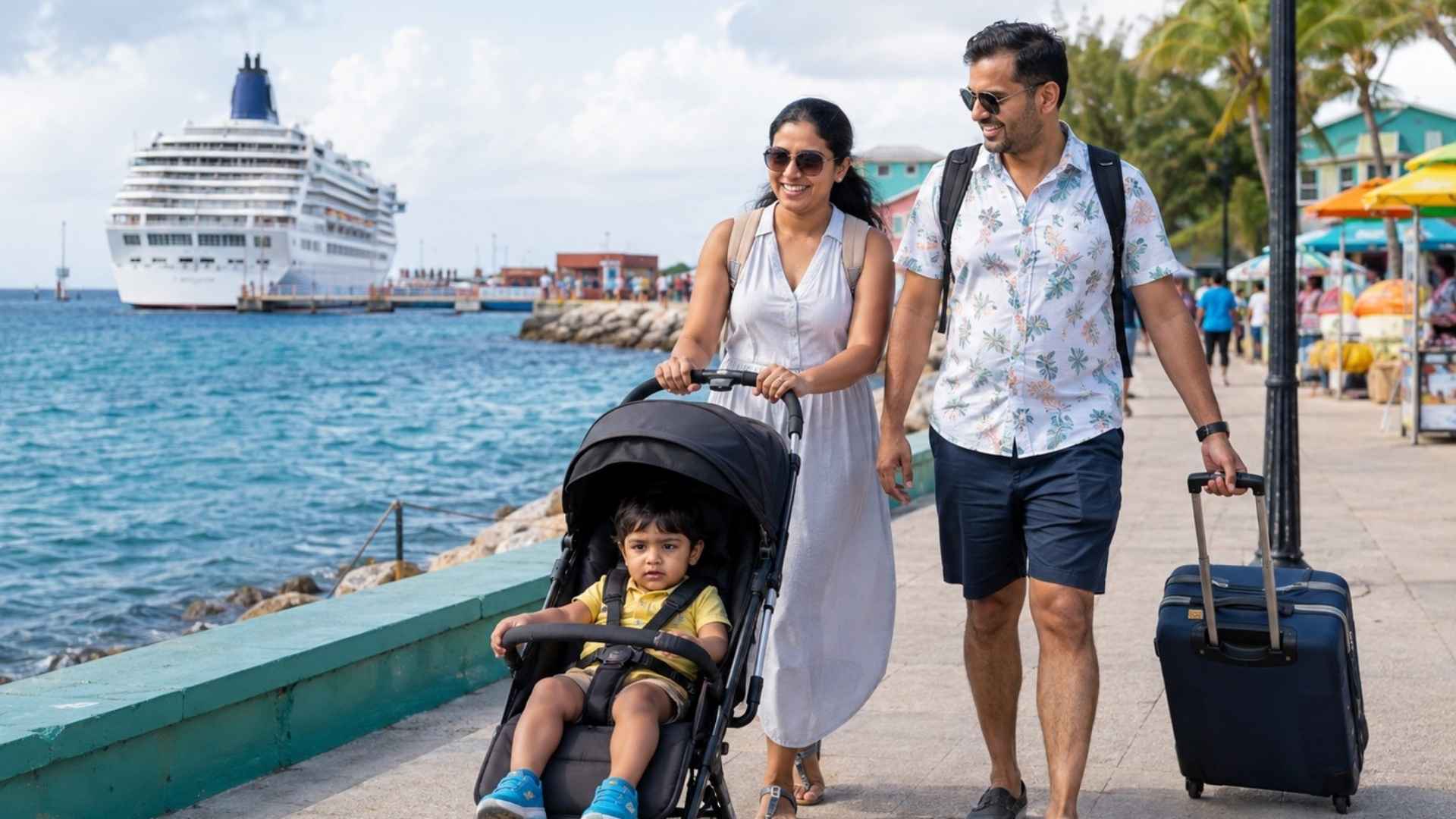 a couple walking their stroller with their toddler along a cruise port
