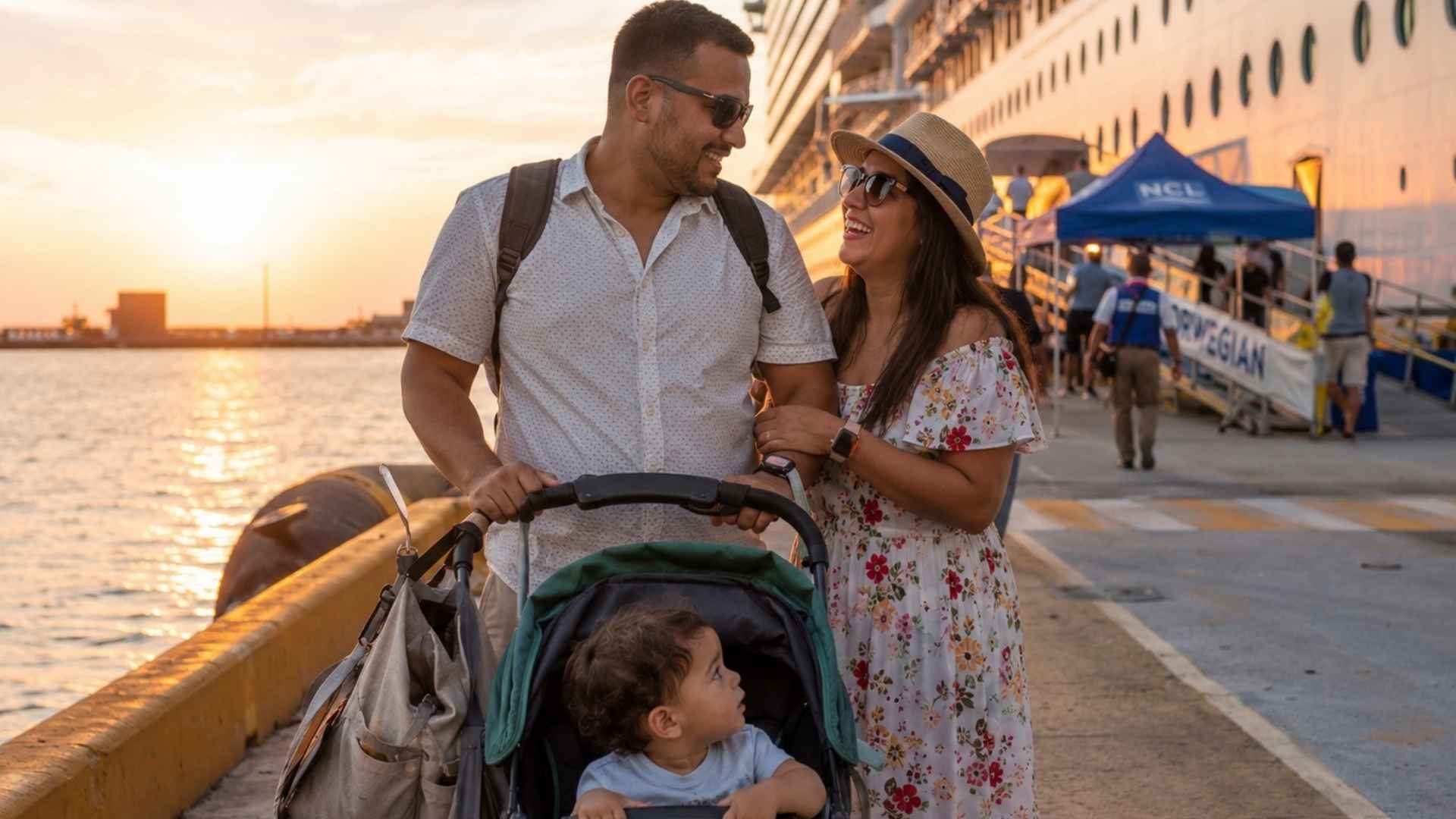 A couple with their toddler in a stroller at sunset alongside a cruise ship