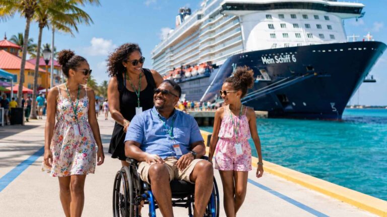 Family walking along a tropical cruise port pier with a man using a wheelchair and a large cruise ship docked behind them.