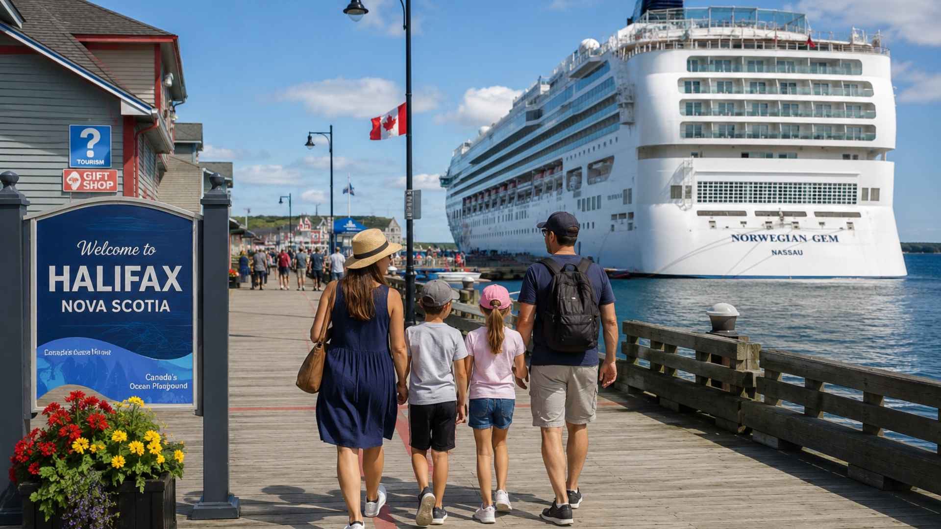 Family walking along the Halifax, Nova Scotia cruise port boardwalk beside a docked cruise ship on a sunny day.
