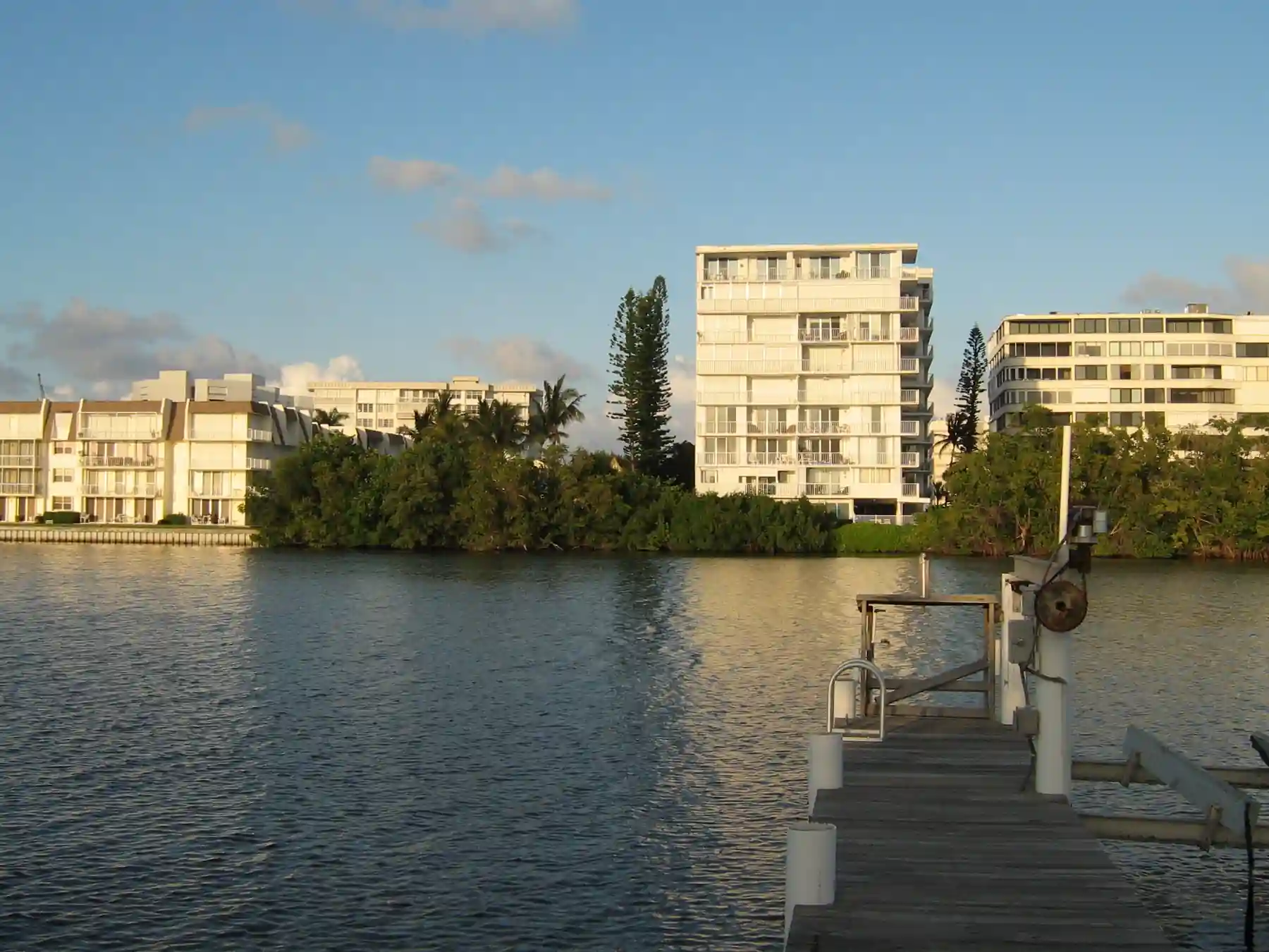 Buildings and trees along Palm Beach's Intracoastal waterfront.