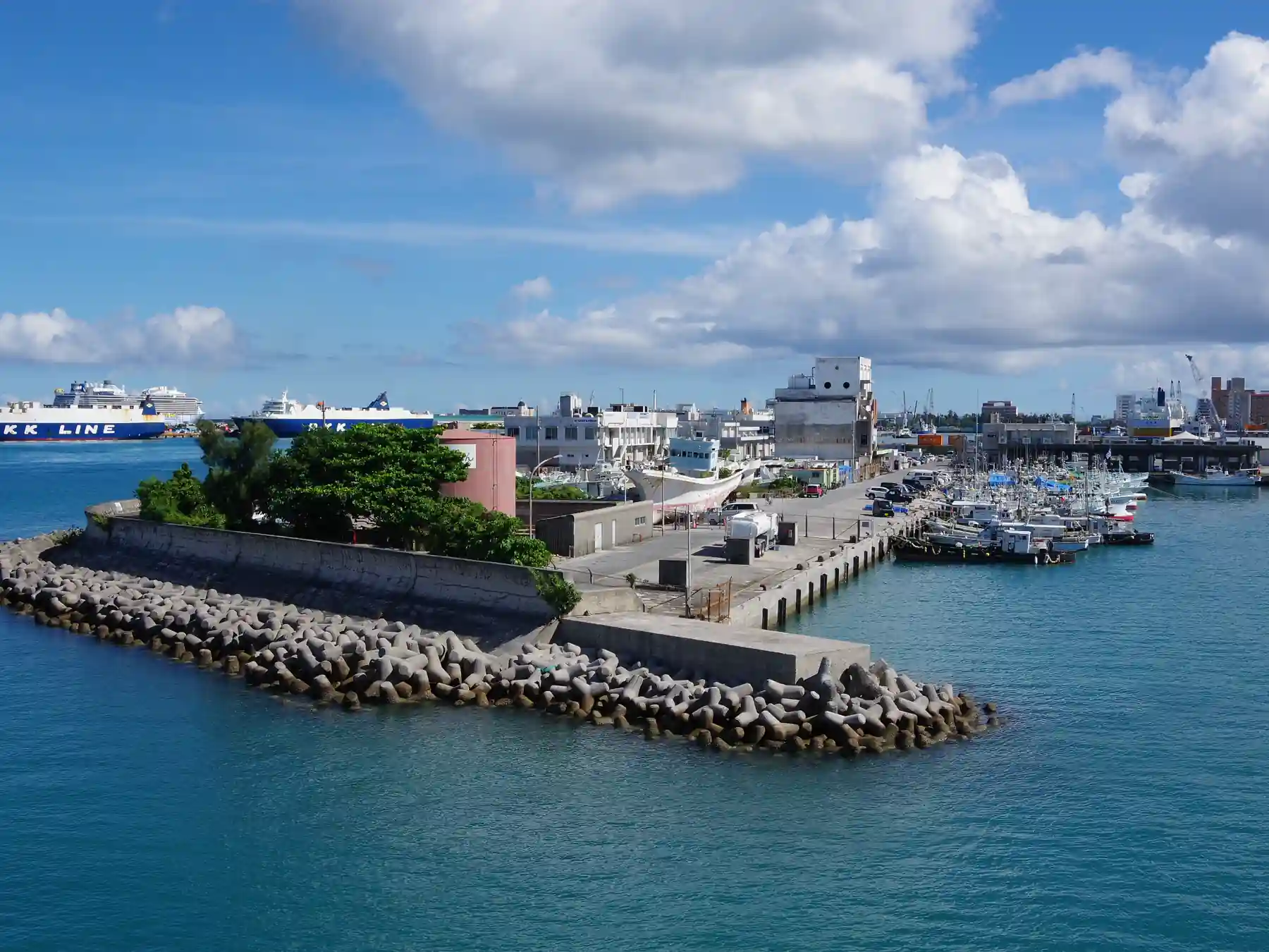 Breakwater and port facilities at Naha Harbor in Okinawa.
