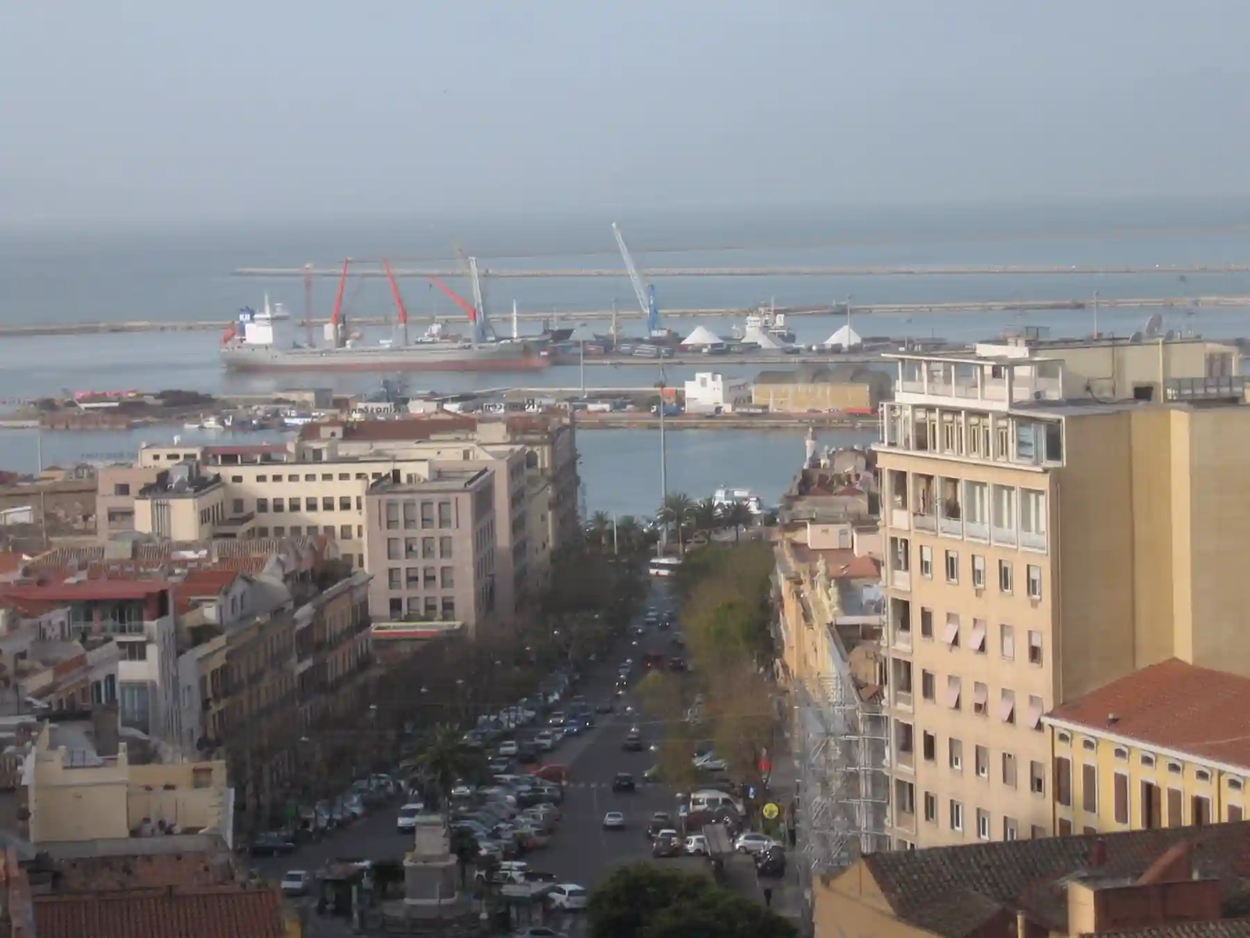 Port facilities and waterfront in Cagliari, Sardinia.