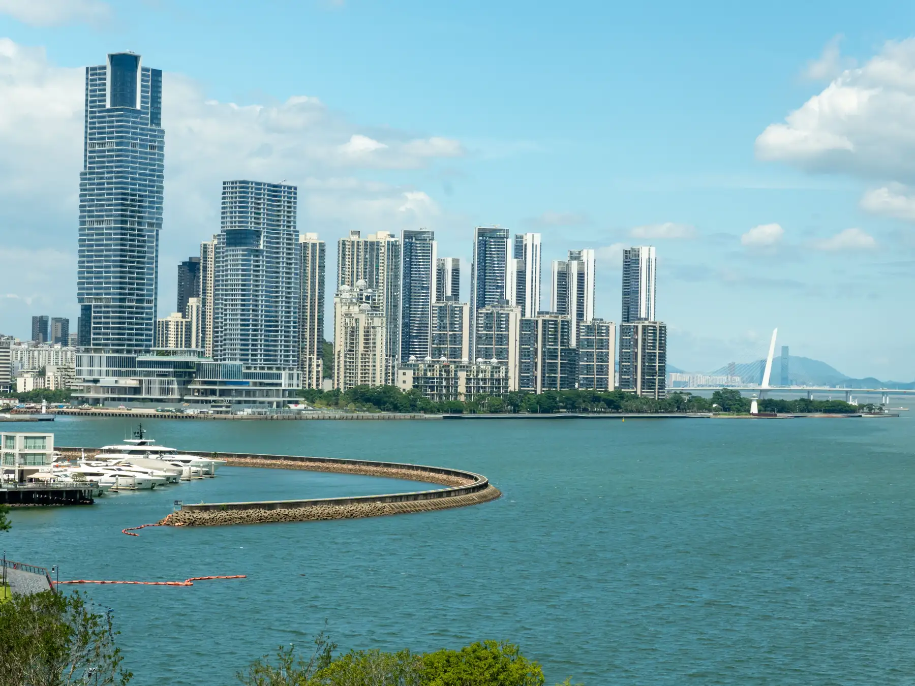 Modern towers and marina along the Shenzhen Bay waterfront.