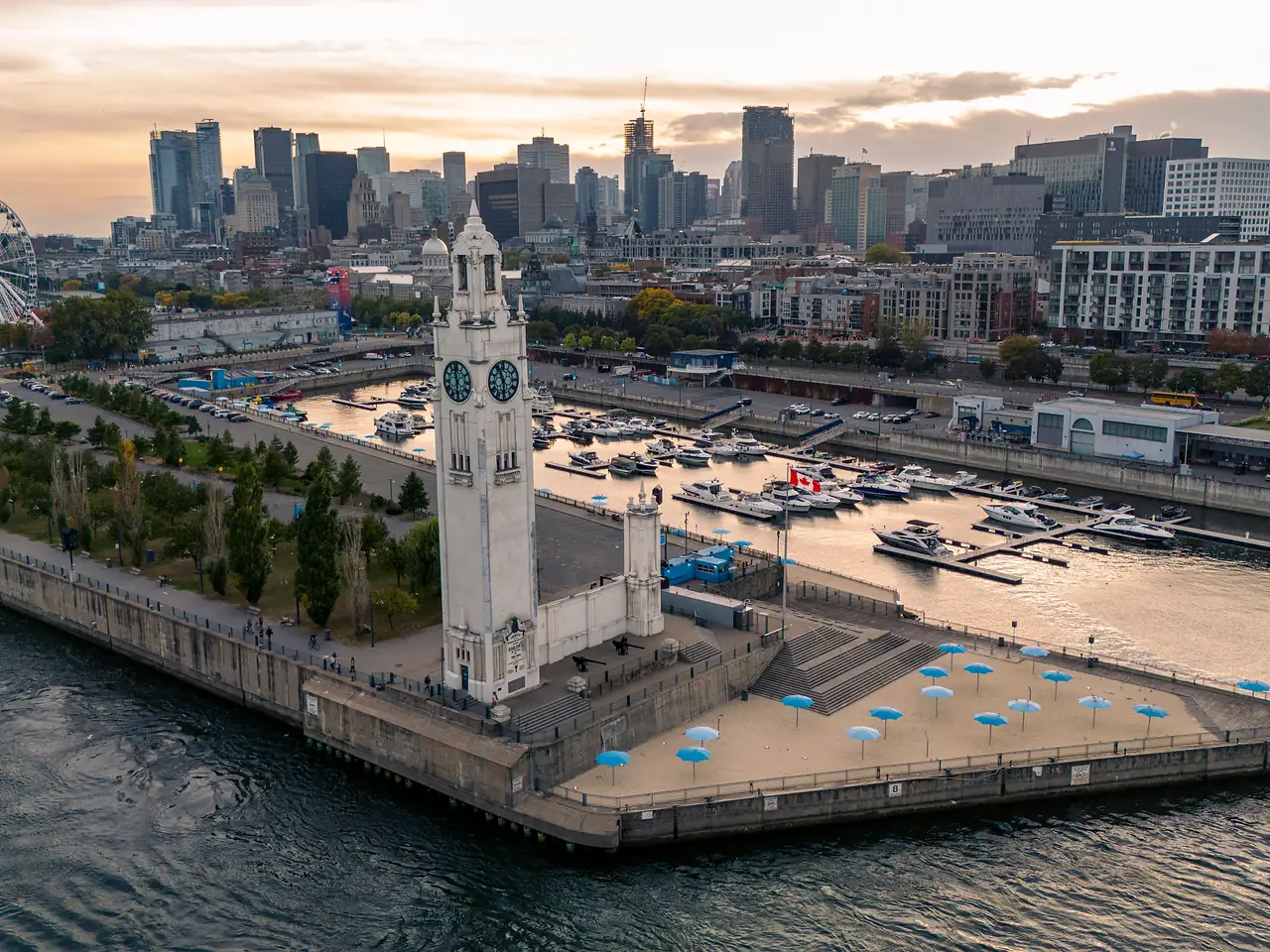 Aerial view of Montréal Clock Tower beside the St. Lawrence River