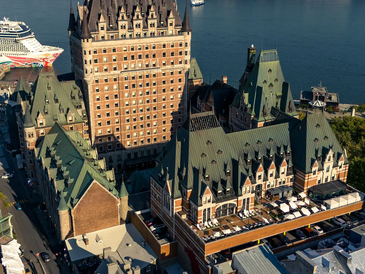 Aerial view of Château Frontenac above Québec City and the St. Lawrence River
