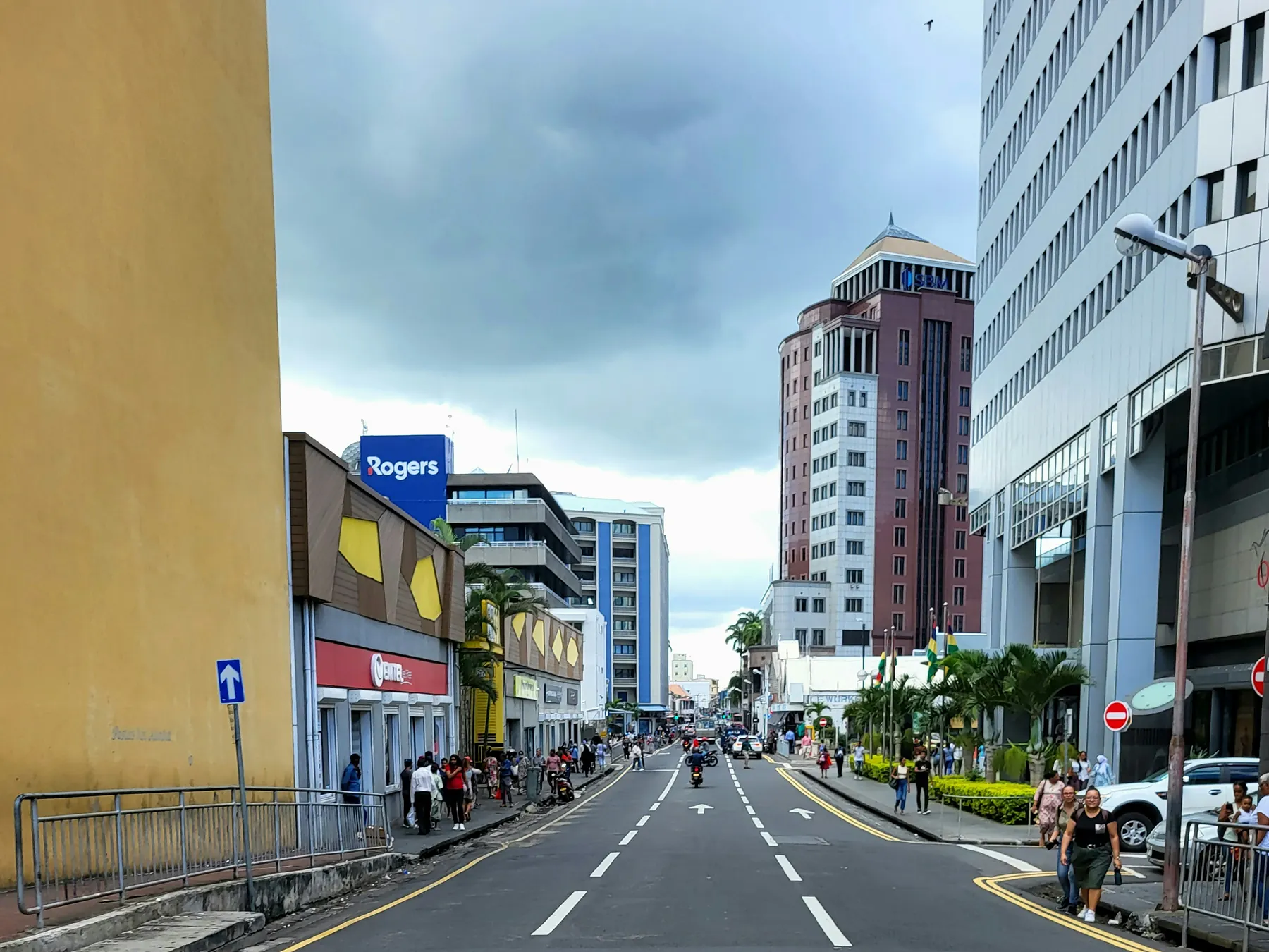 City street lined with buildings in downtown Port Louis, Mauritius