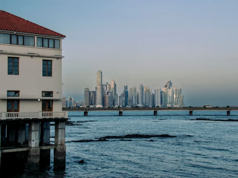 Panama City skyline seen across the water from the historic district.