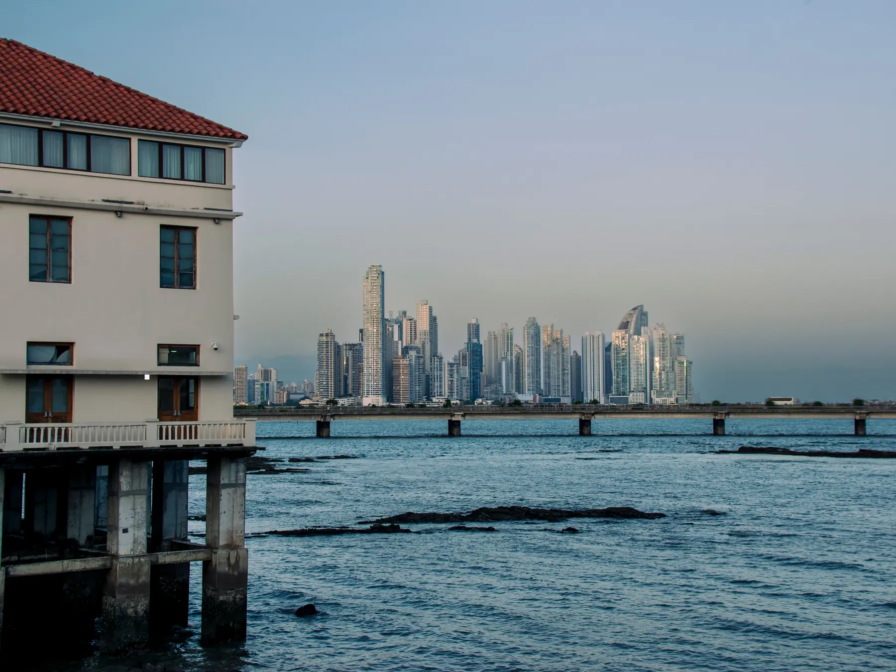 Panama City skyline seen across the water from the historic district.