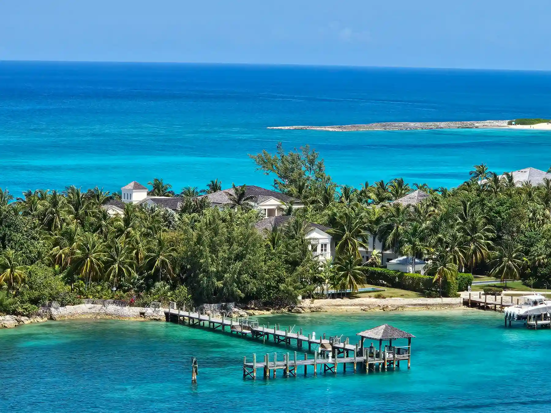 Tropical marina and turquoise water in Nassau, Bahamas.