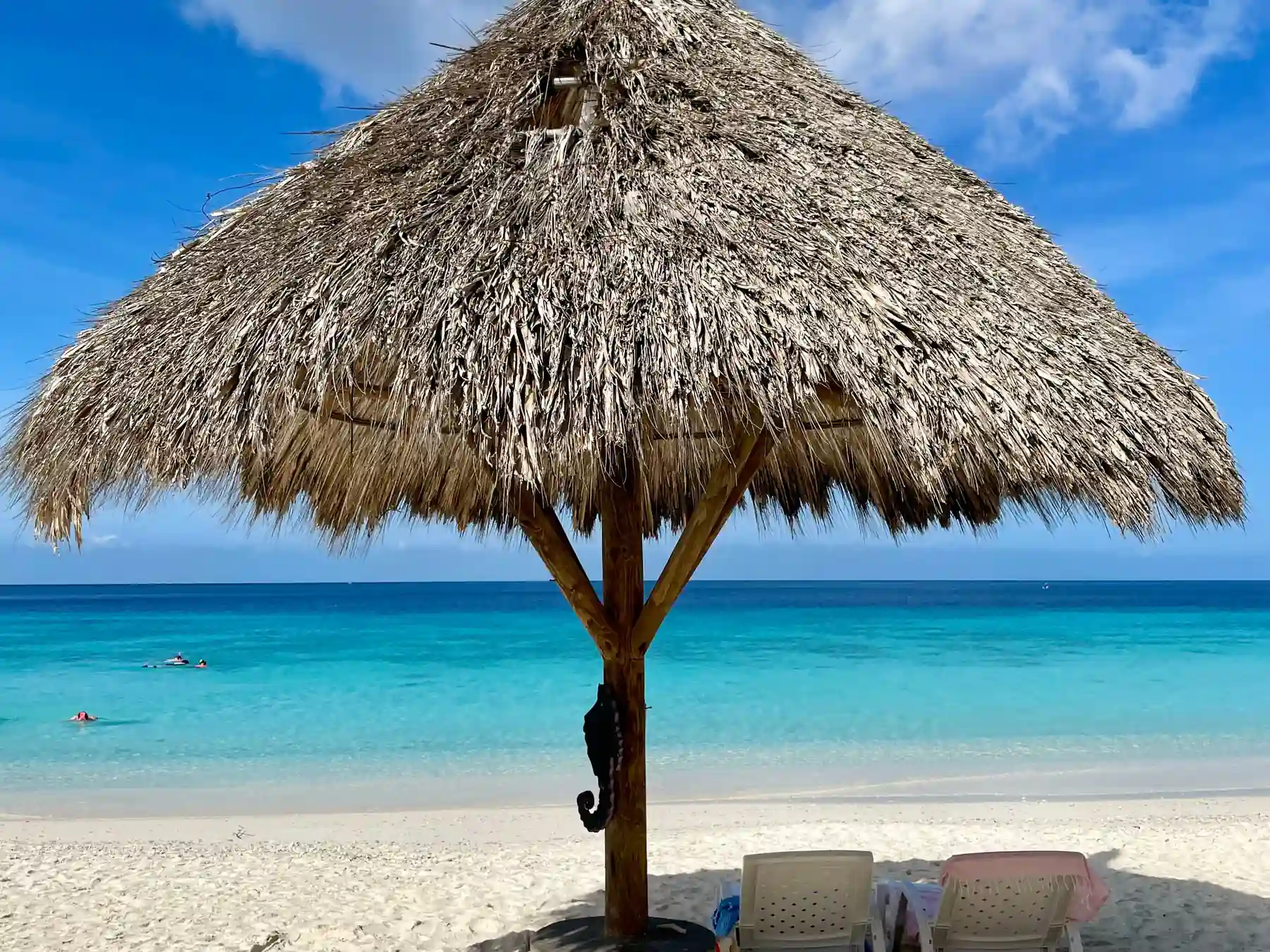 Thatched beach shelter beside turquoise Caribbean water in Oranjestad, Aruba.