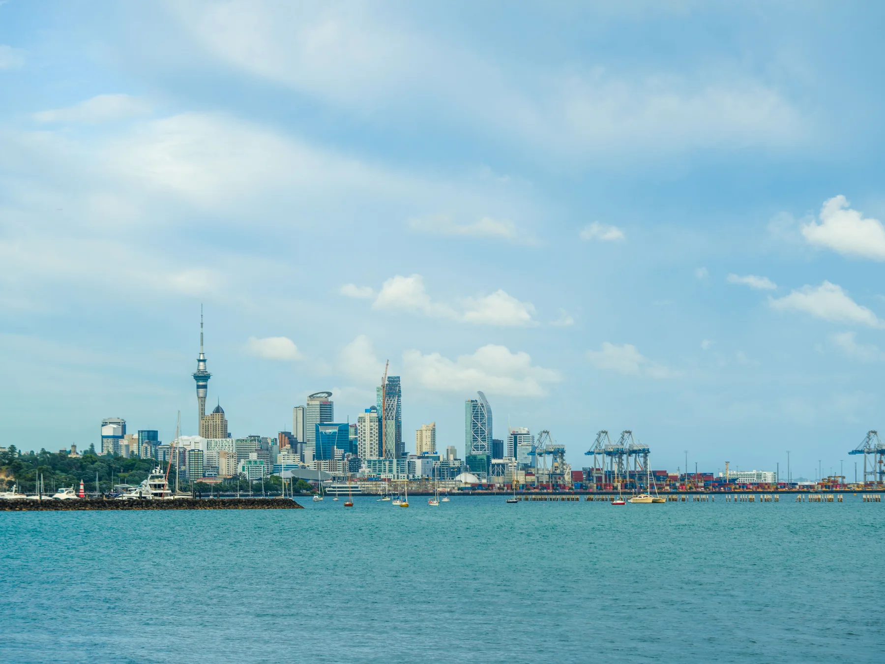 Boats in Auckland harbor with the city skyline and Sky Tower beyond.