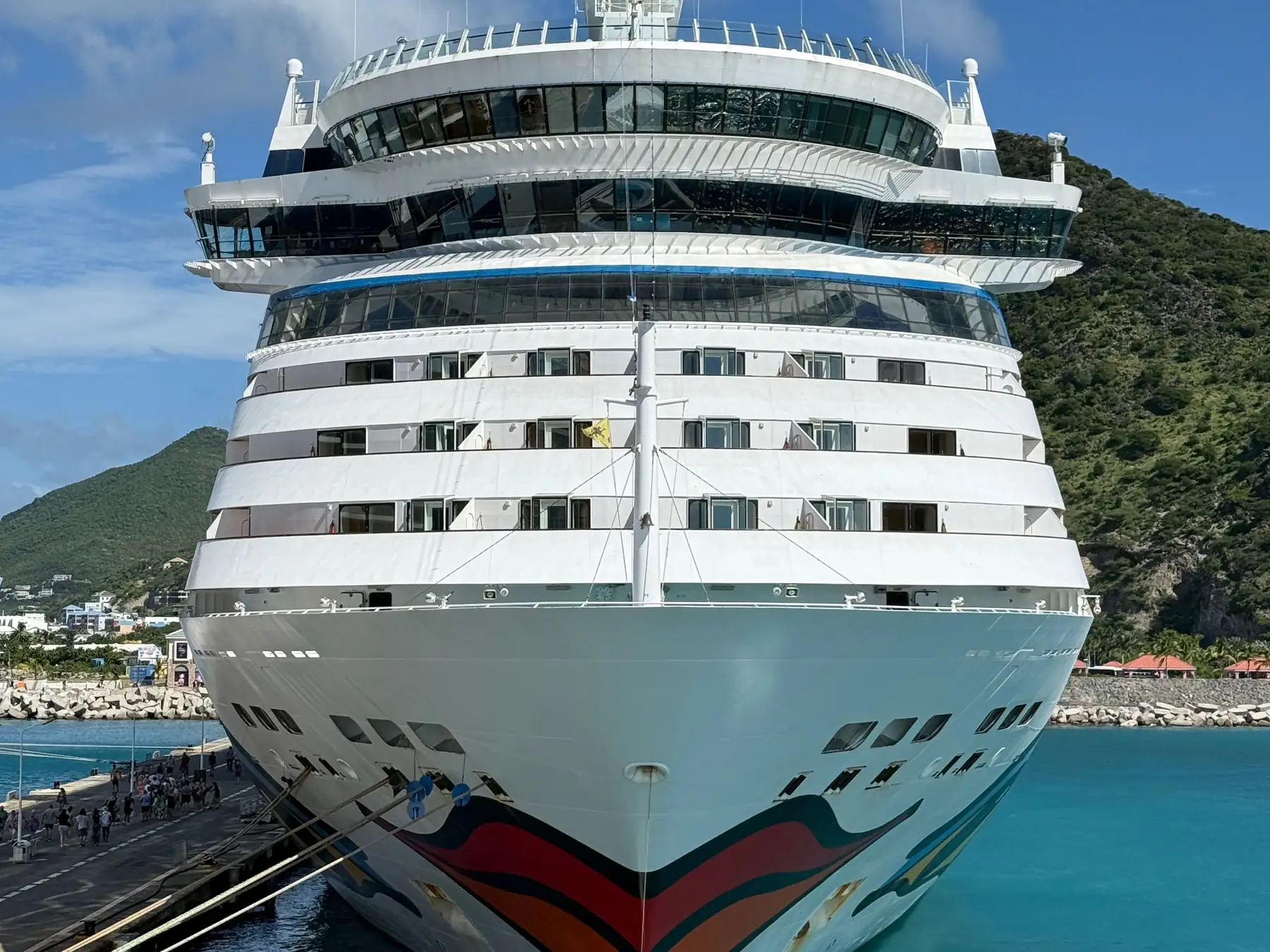 Large cruise ship docked at the Caribbean cruise port in Philipsburg, Sint Maarten.
