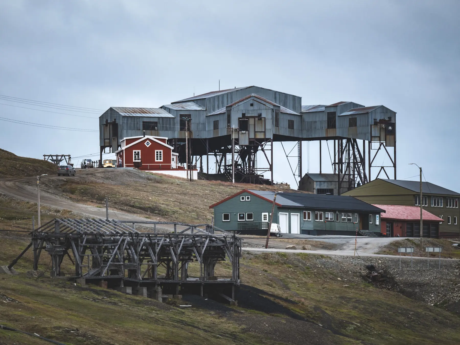 Historic industrial and mining structures in Longyearbyen, Svalbard.