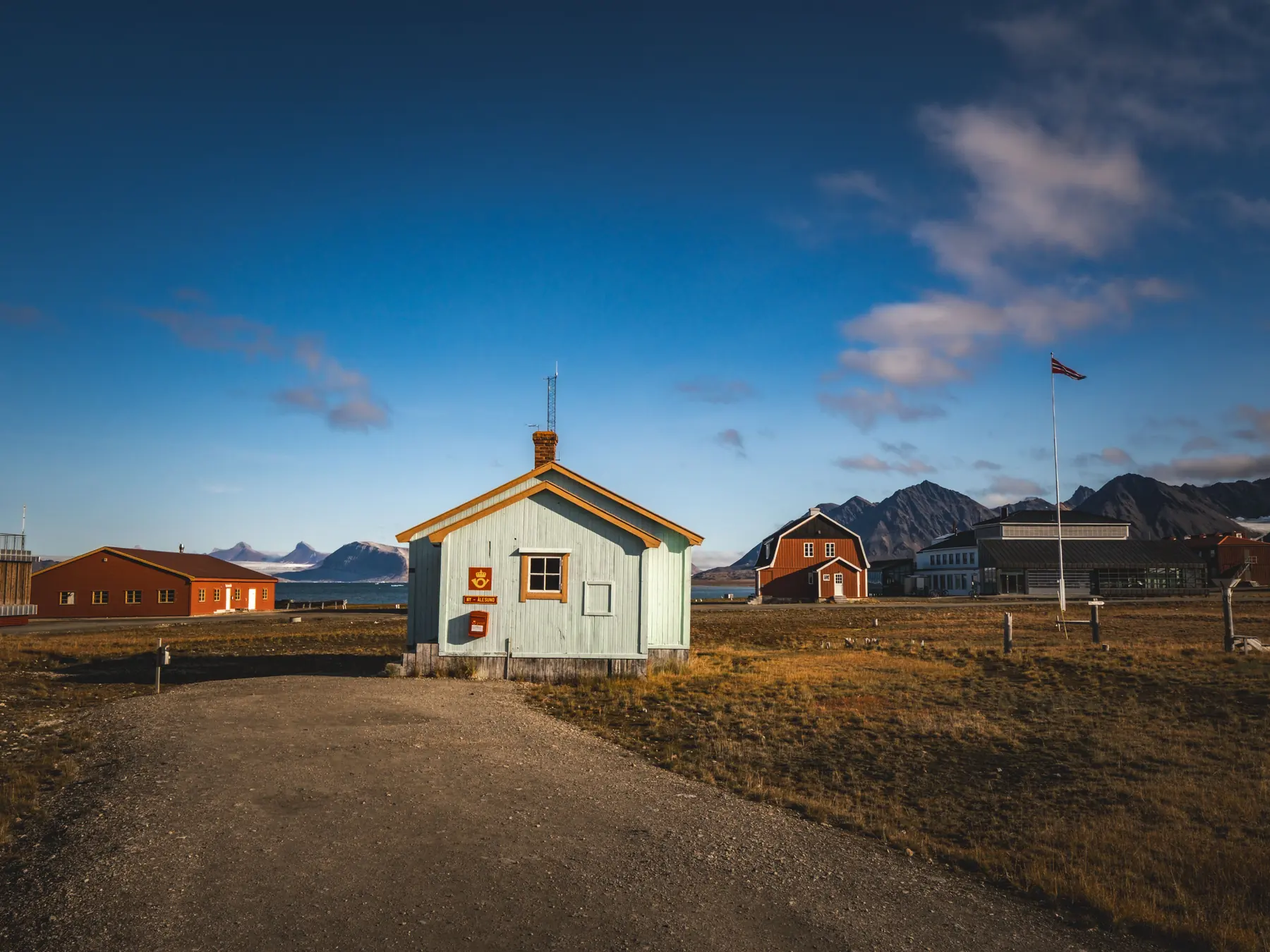 Colorful houses and mountains in the Arctic coastal settlement of Longyearbyen, Svalbard.