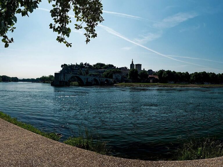 Rhône River and Avignon skyline near Châteauneuf-du-Pape wine country