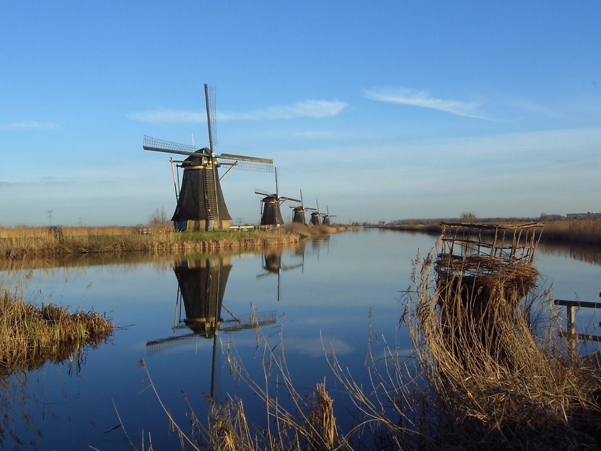 Historic windmills beside the water at Kinderdijk