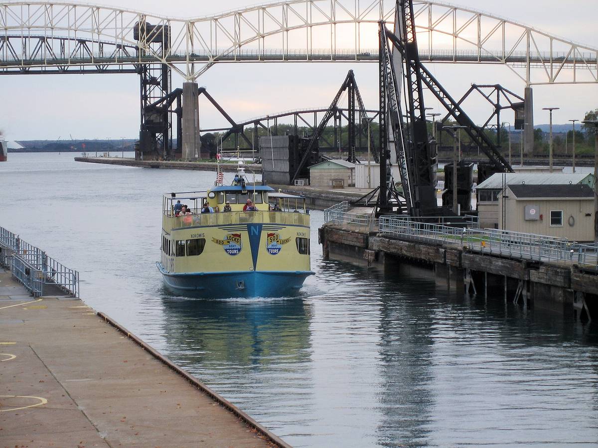 Ship passing through the Soo Locks at Sault Ste. Marie