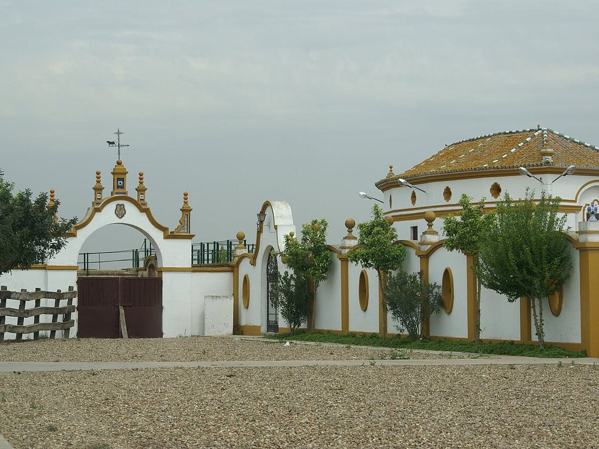 Main entrance and exterior of the Isla Mínima hacienda in Andalusia