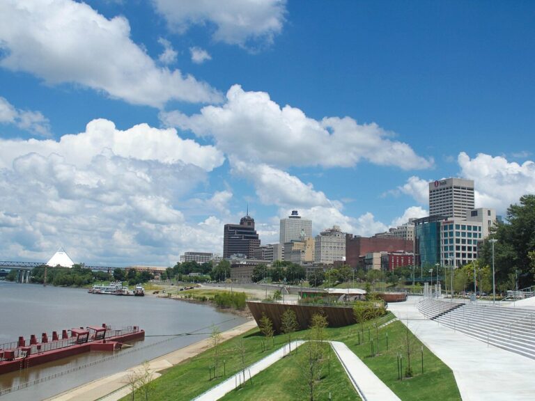 Memphis skyline and Beale Street Landing beside the Mississippi River