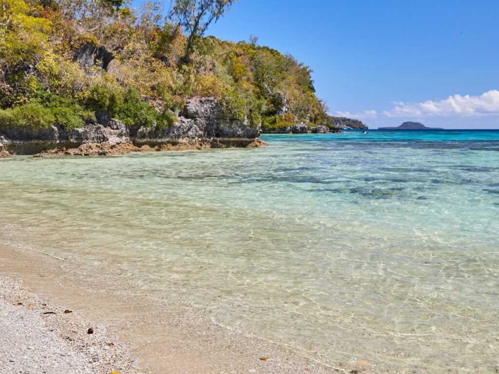 Clear shallow water and limestone shoreline on Lelepa Island