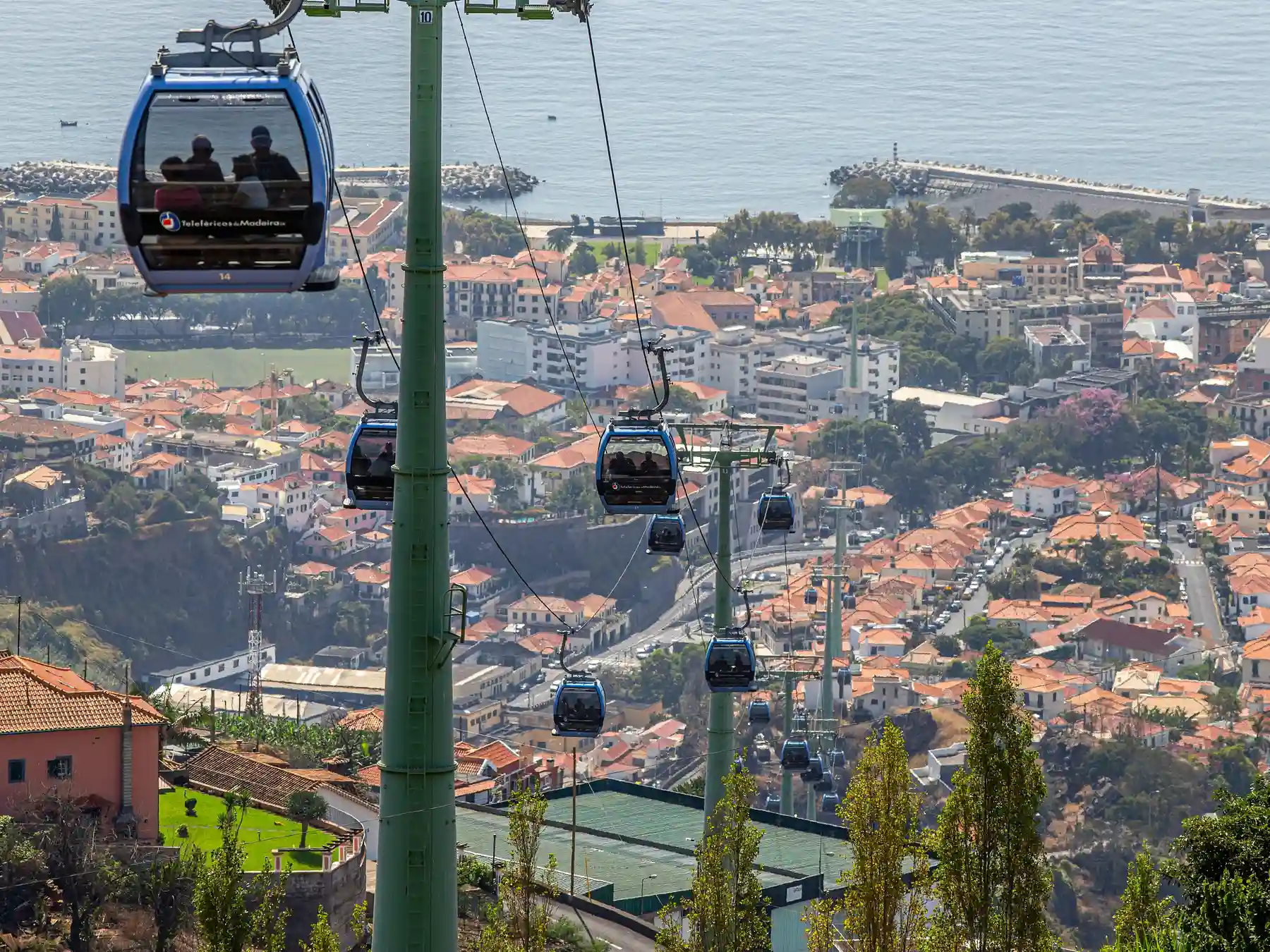 Funchal cable cars descending above the city toward the Atlantic waterfront.